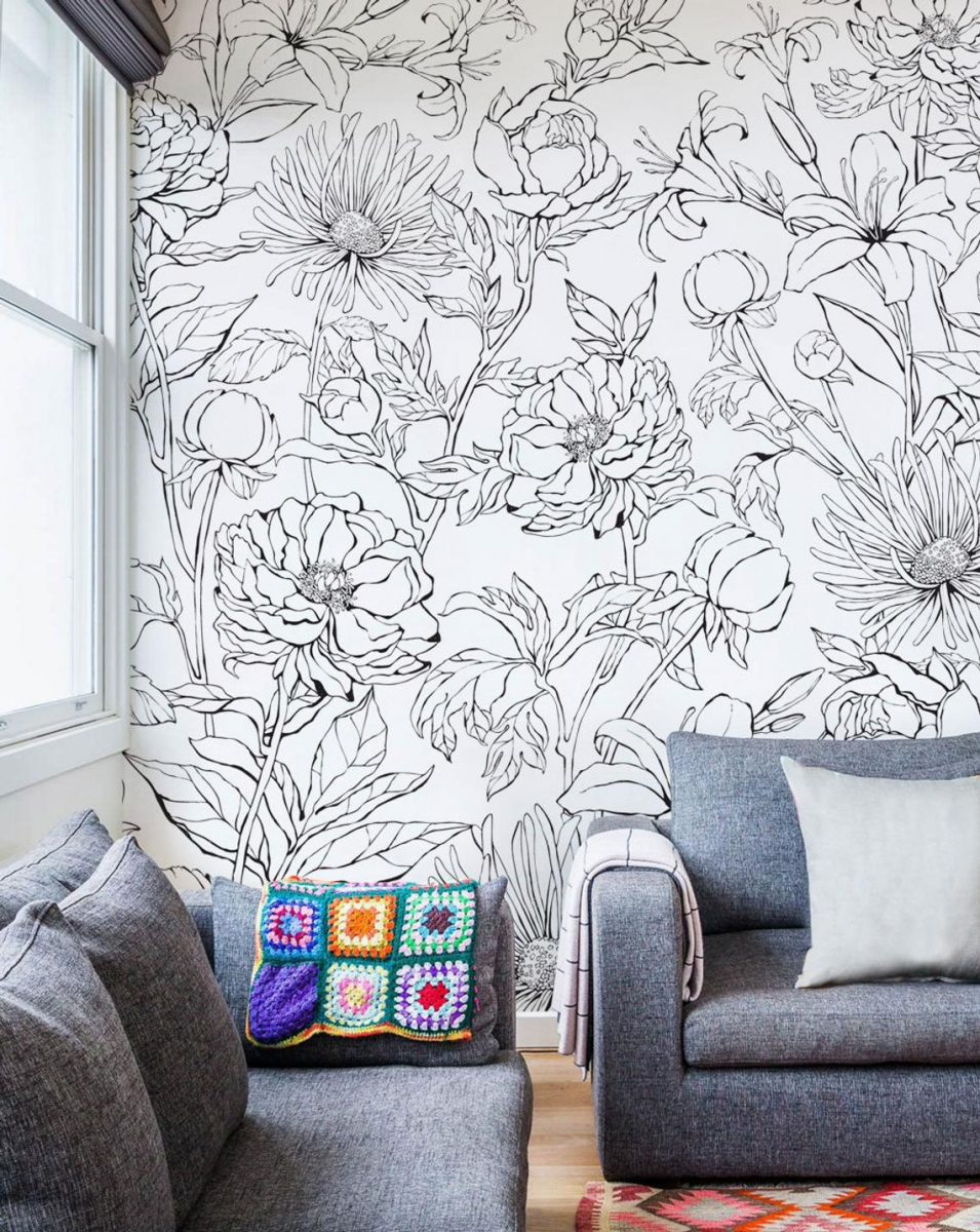 line drawing floral wallpaper