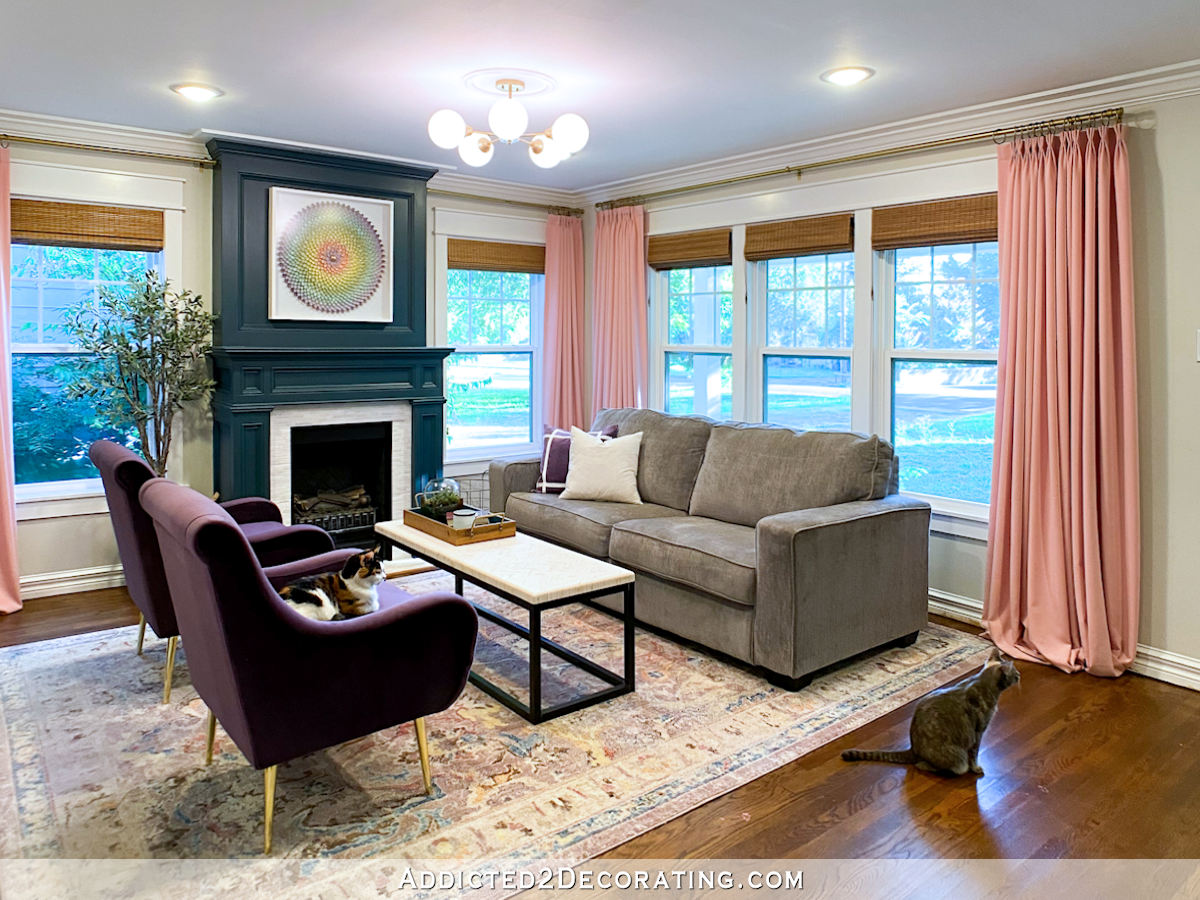 living room progress - purple velvet chairs and new ceiling light - 2