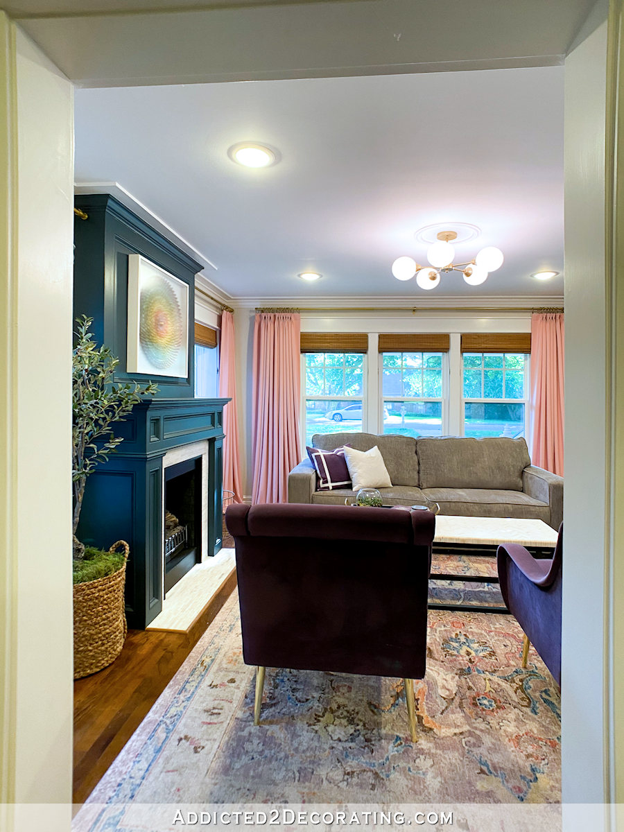 living room progress - purple velvet chairs and new ceiling light - 3