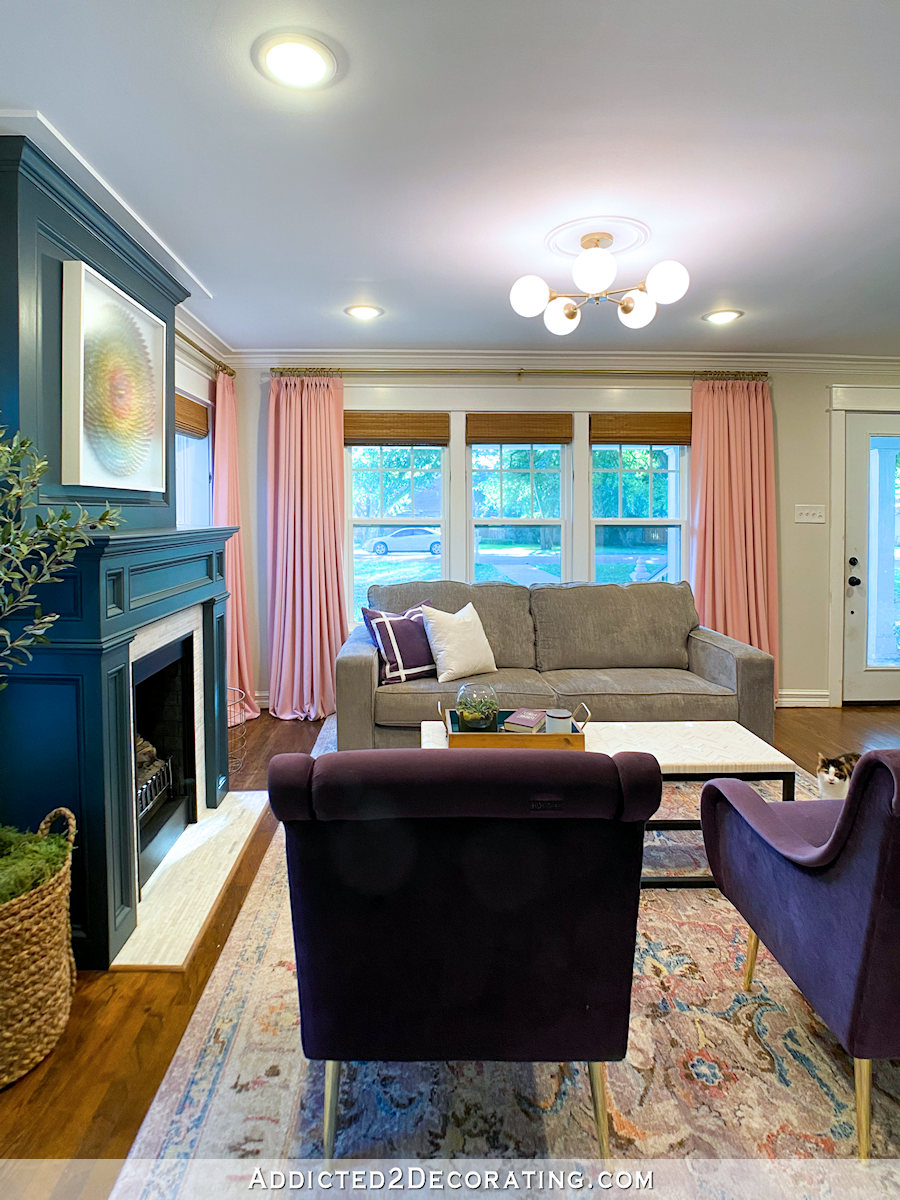 living room progress - purple velvet chairs and new ceiling light - 4