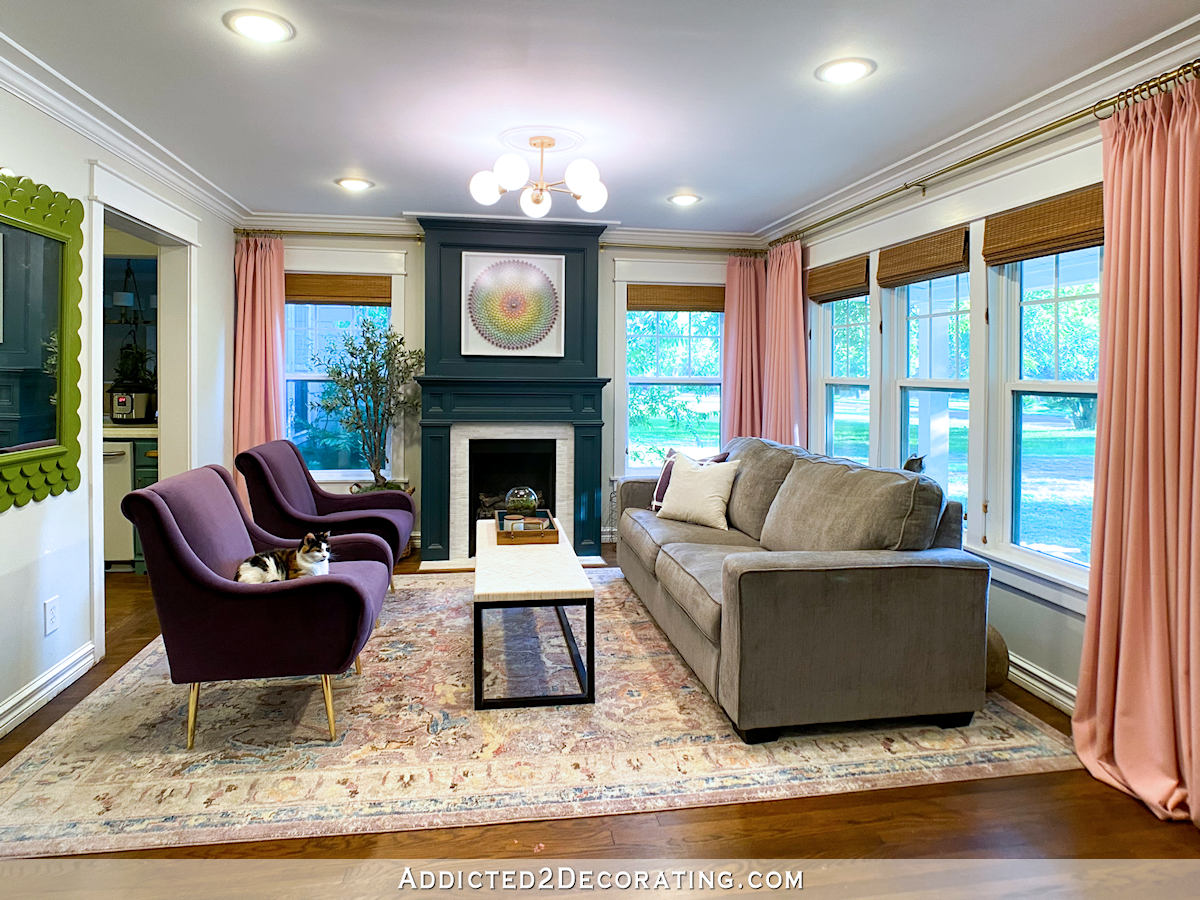 living room progress - purple velvet chairs and new ceiling light