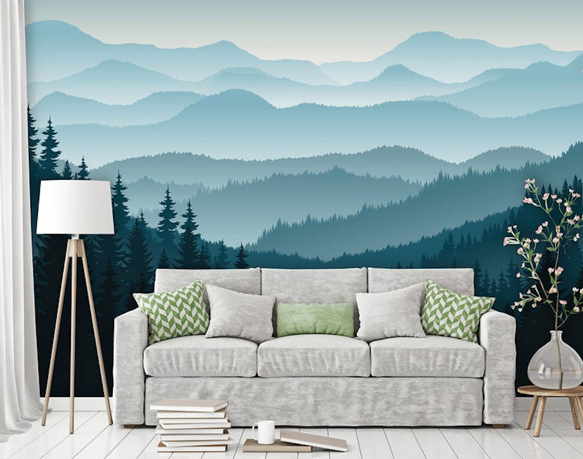 wall mural - ombre blue mountains and trees - etsy