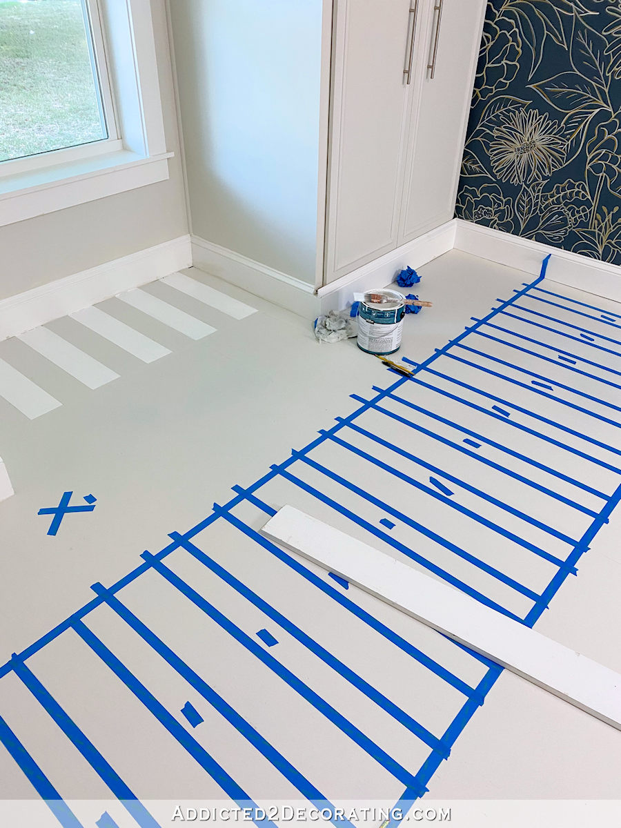 DIY painted hardwood floor - offset stripe design - 12