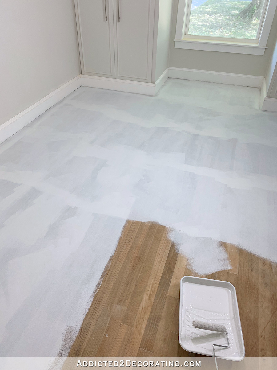 DIY painted hardwood floor - offset stripe design - 4