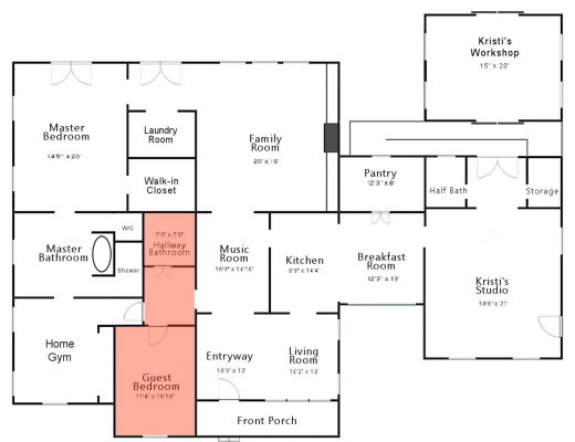 floor plan - guest bedroom and hallway bathroom secluded