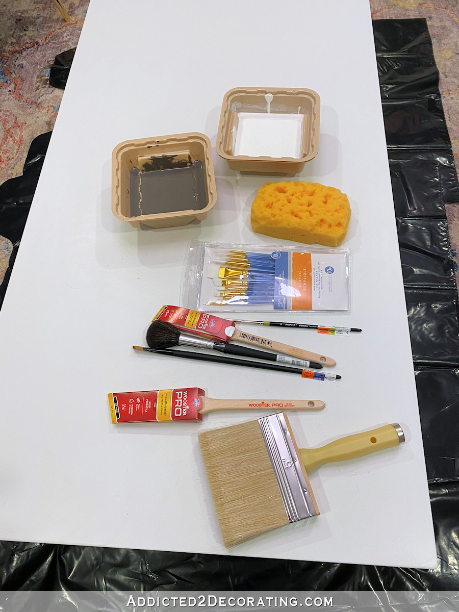 DIY faux marble coffee table - 2 - paint brushes and utensils used