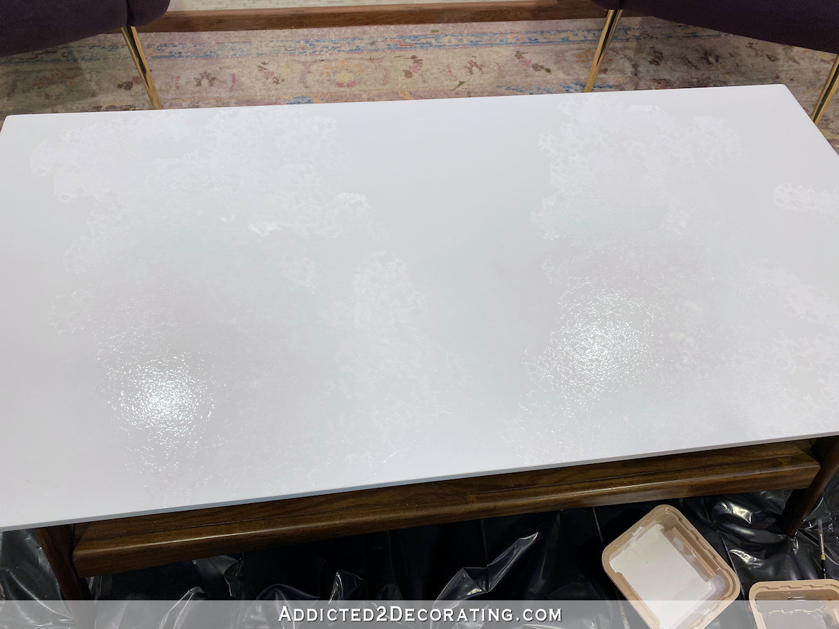 DIY faux marble coffee table - 3 - using sponge to add white paint