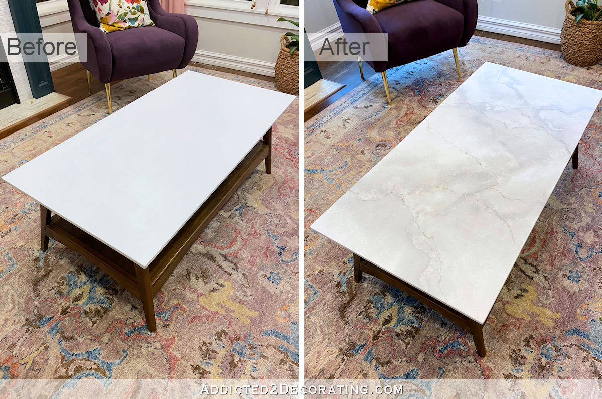 diy faux marble coffee table top - before and after