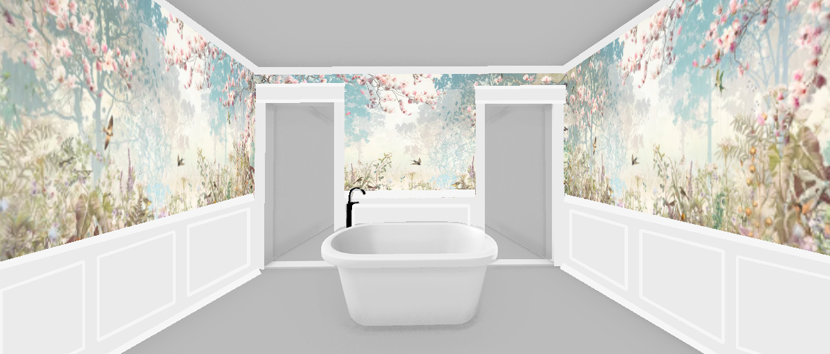 master bathroom floor plan - 3D - 2c - with mural and wainscoting on all walls - white