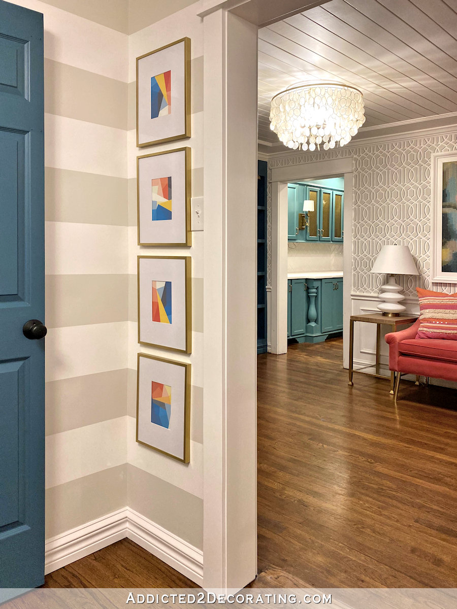 hallway and music room and kitchen with old lighting