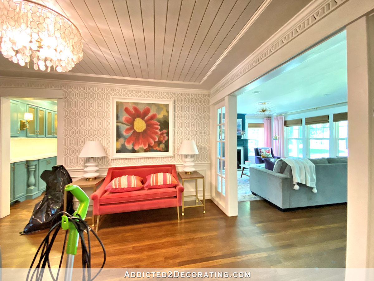 kitchen and music room with old lighting and living room with natural light