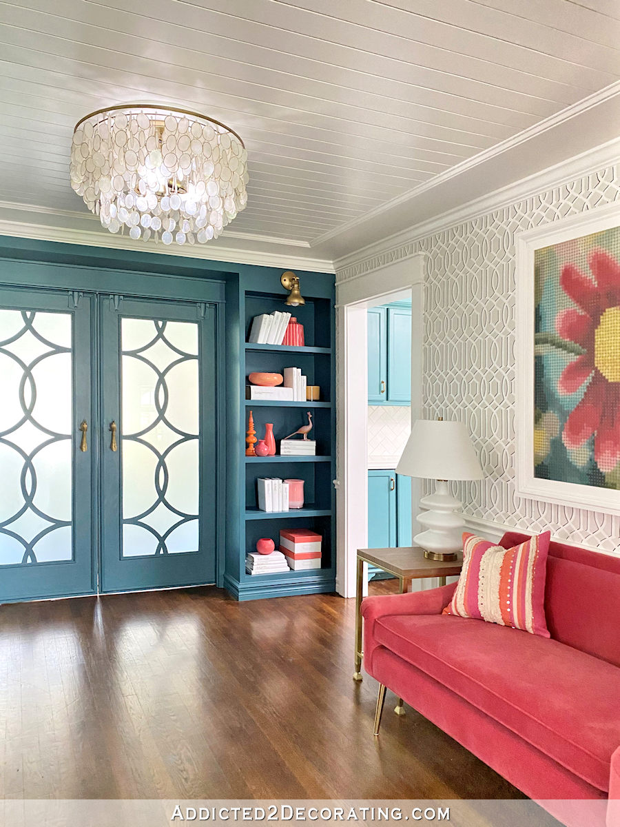 Music room with custom double pocket doors with frosted glass using Gila window film