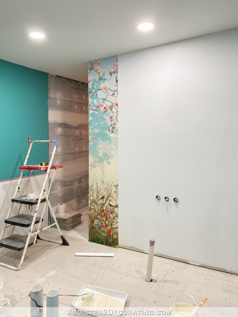 installing a wallpaper wall mural in a master bathroom