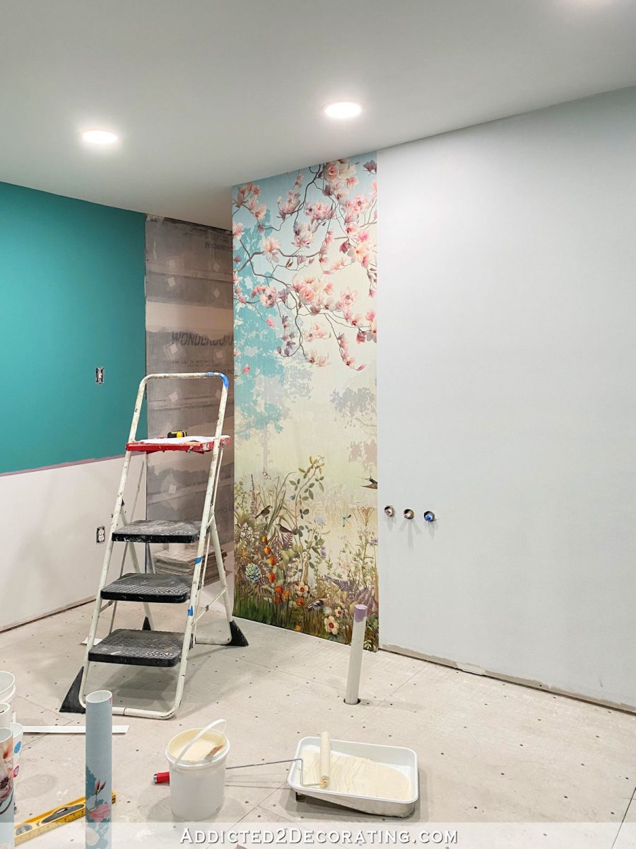 installing a wallpaper wall mural in a master bathroom