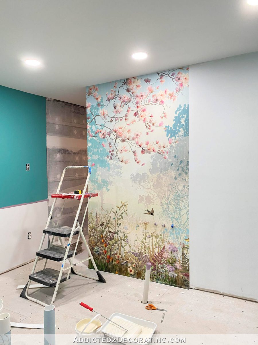 installing a wallpaper wall mural in a master bathroom