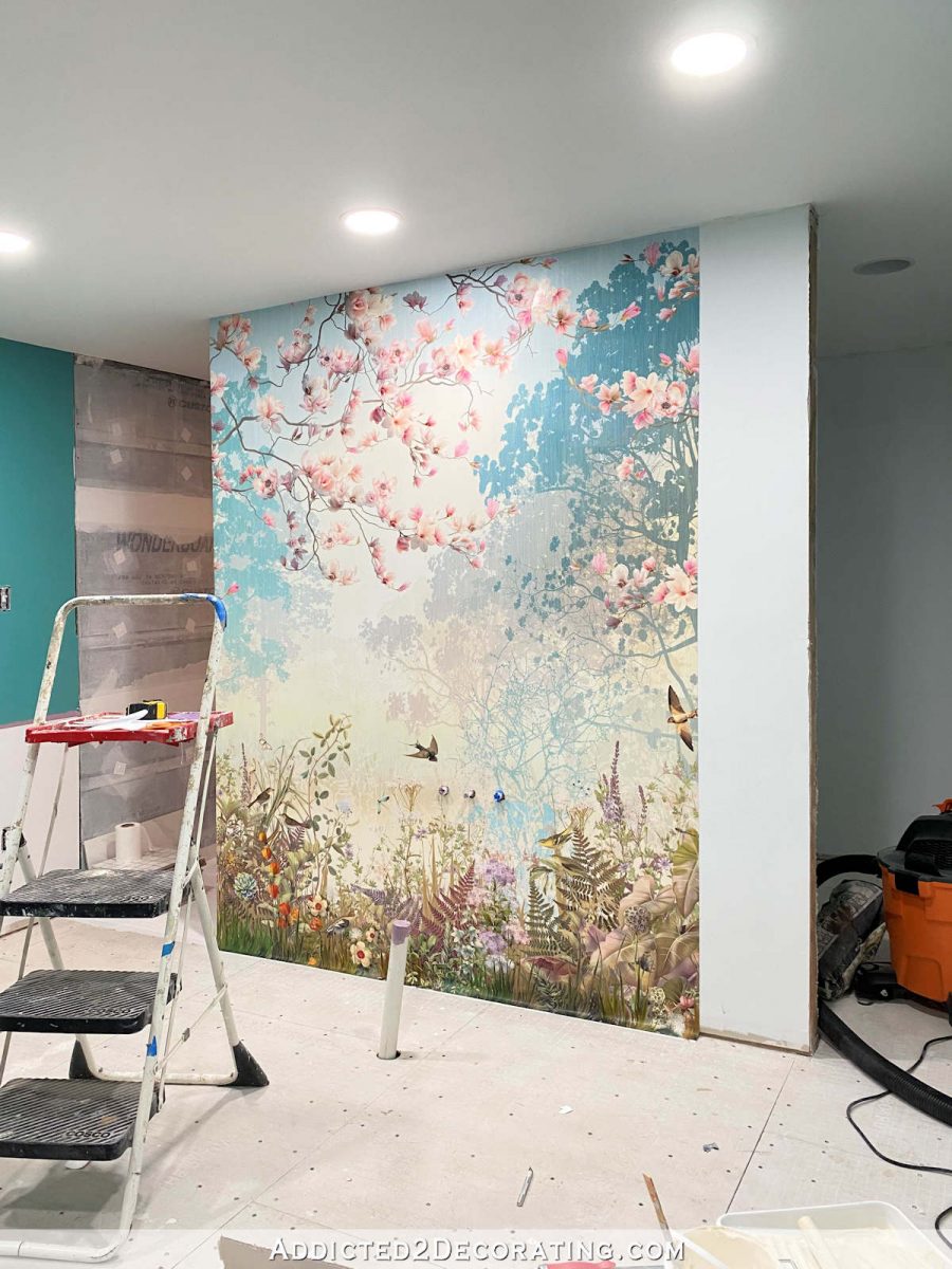 installing a wallpaper wall mural in a master bathroom