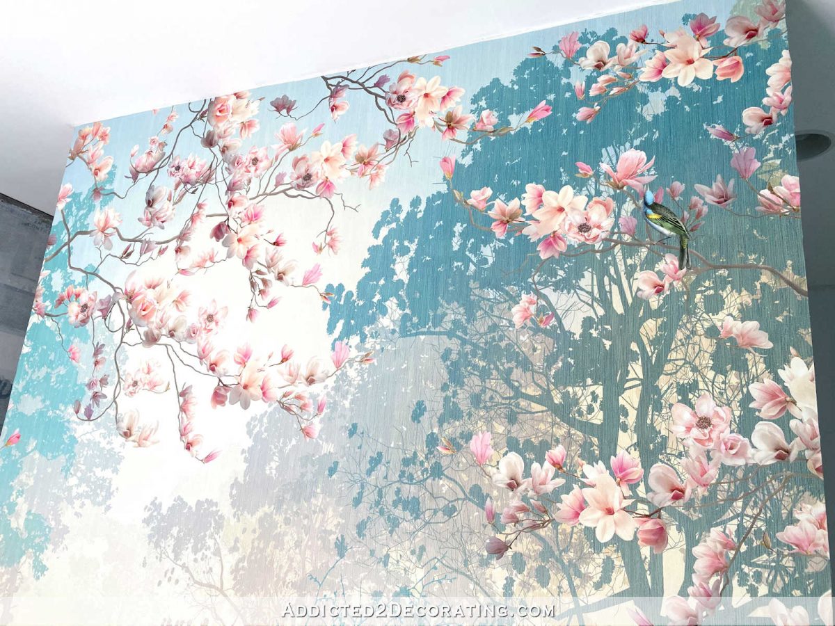 wallpaper wall mural with teal trees and pink flowers