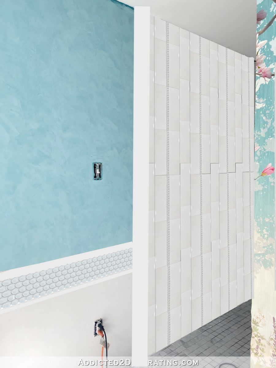 two shower wall tile design options - vertical stripes with large subway tiles and clear glass penny round tiles