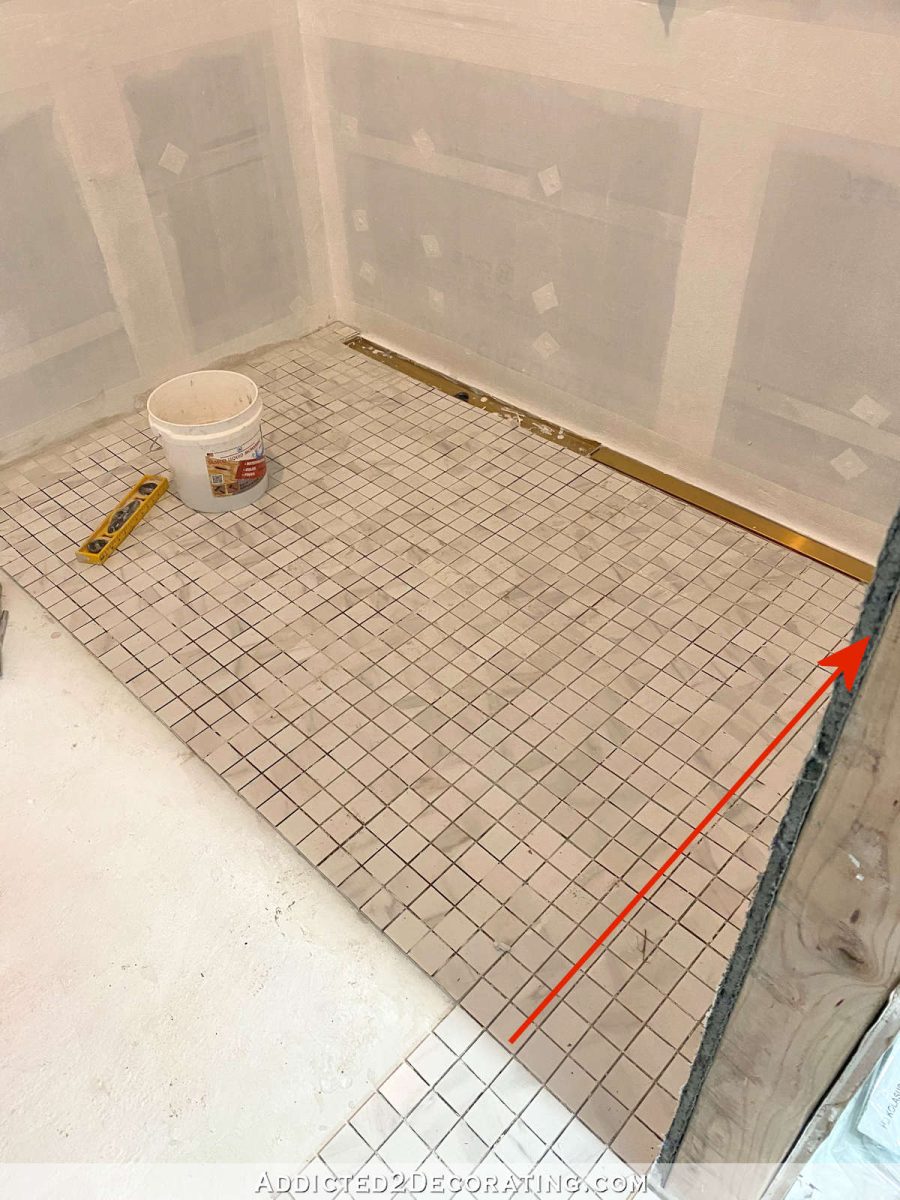 tiling a large curbless shower floor with 2 x 2 mosaic tile 