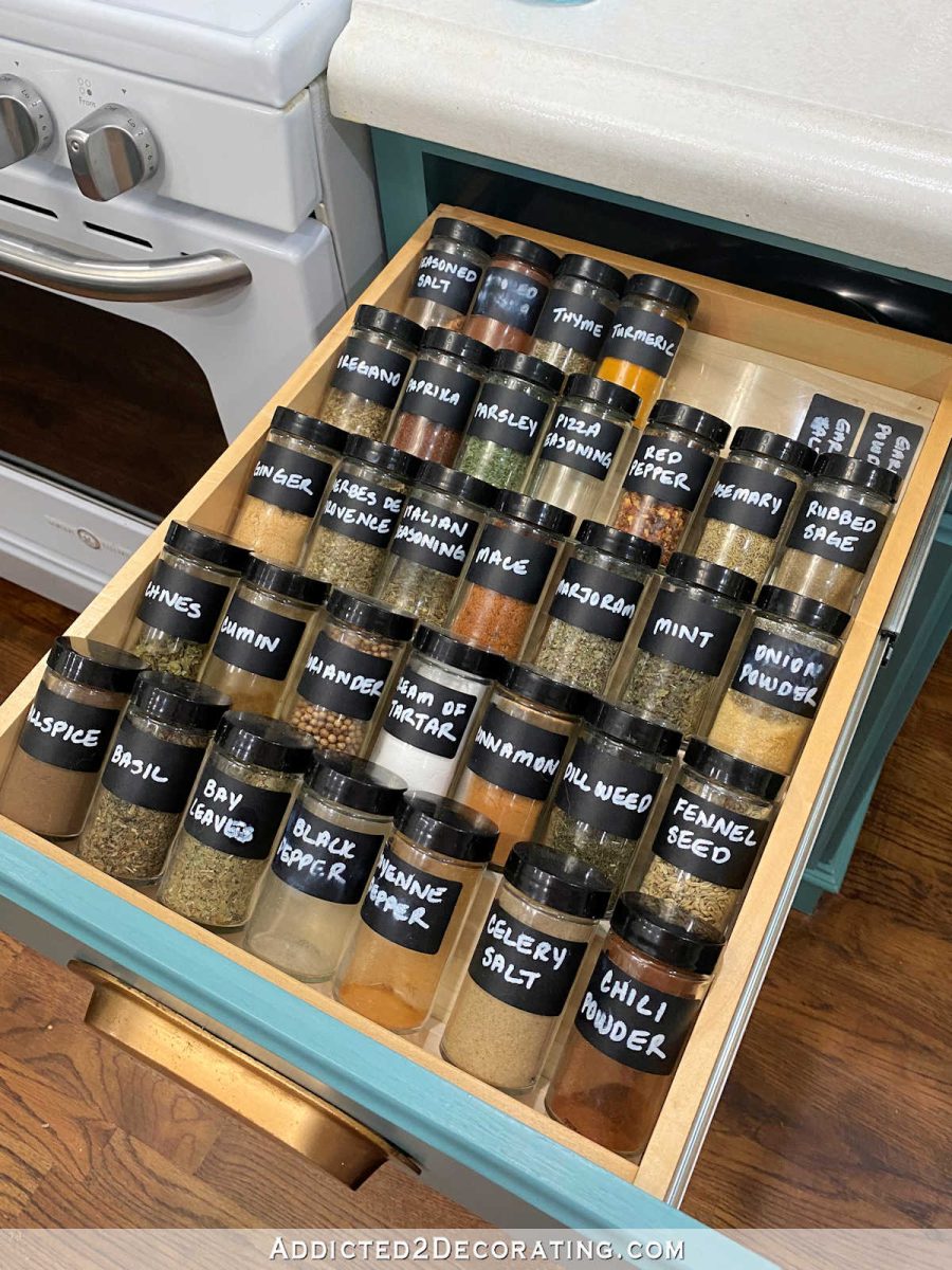 organization of spice in kitchen drawer