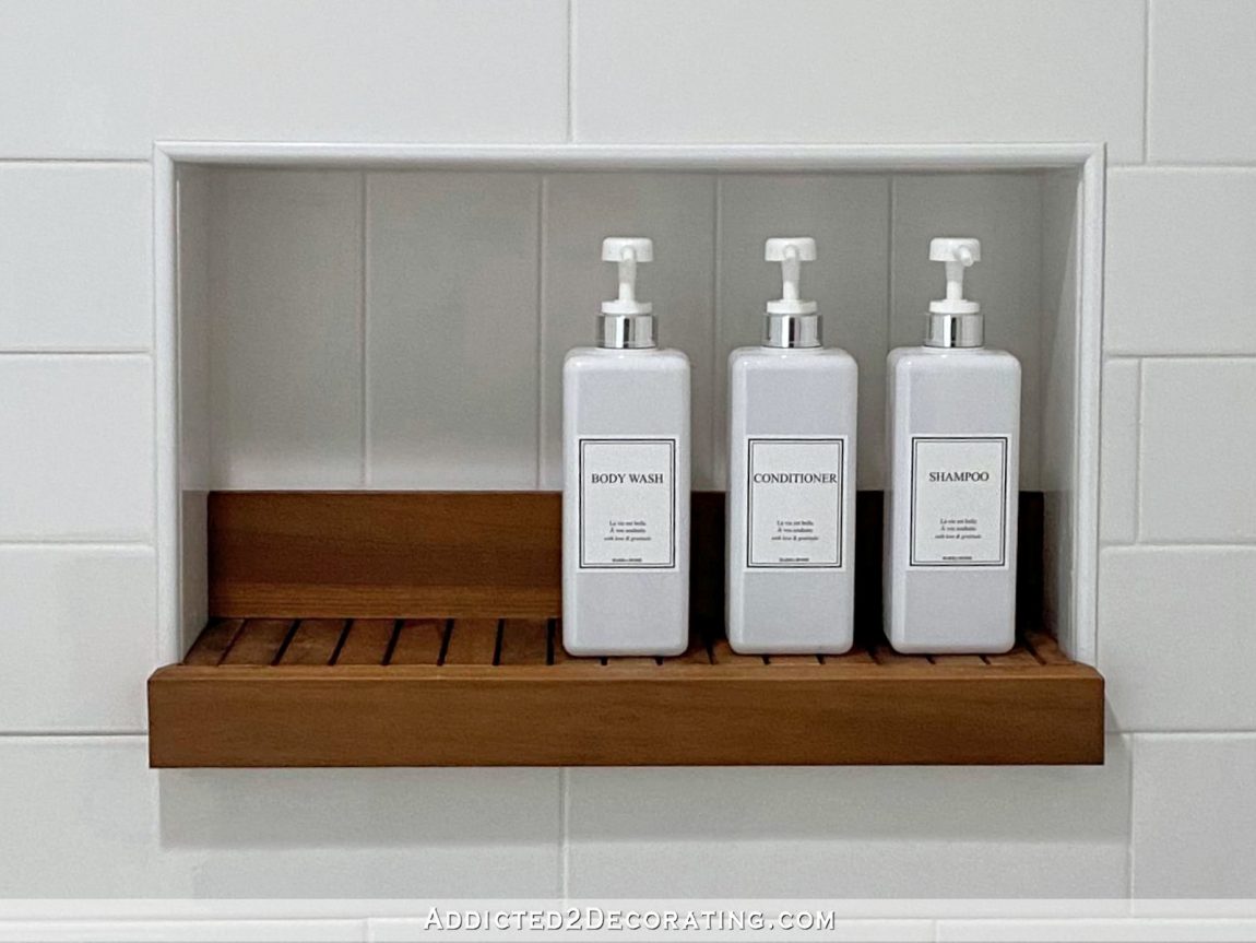 Simple DIY Removable Teak Shower Niche Shelf - Addicted 2 Decorating®