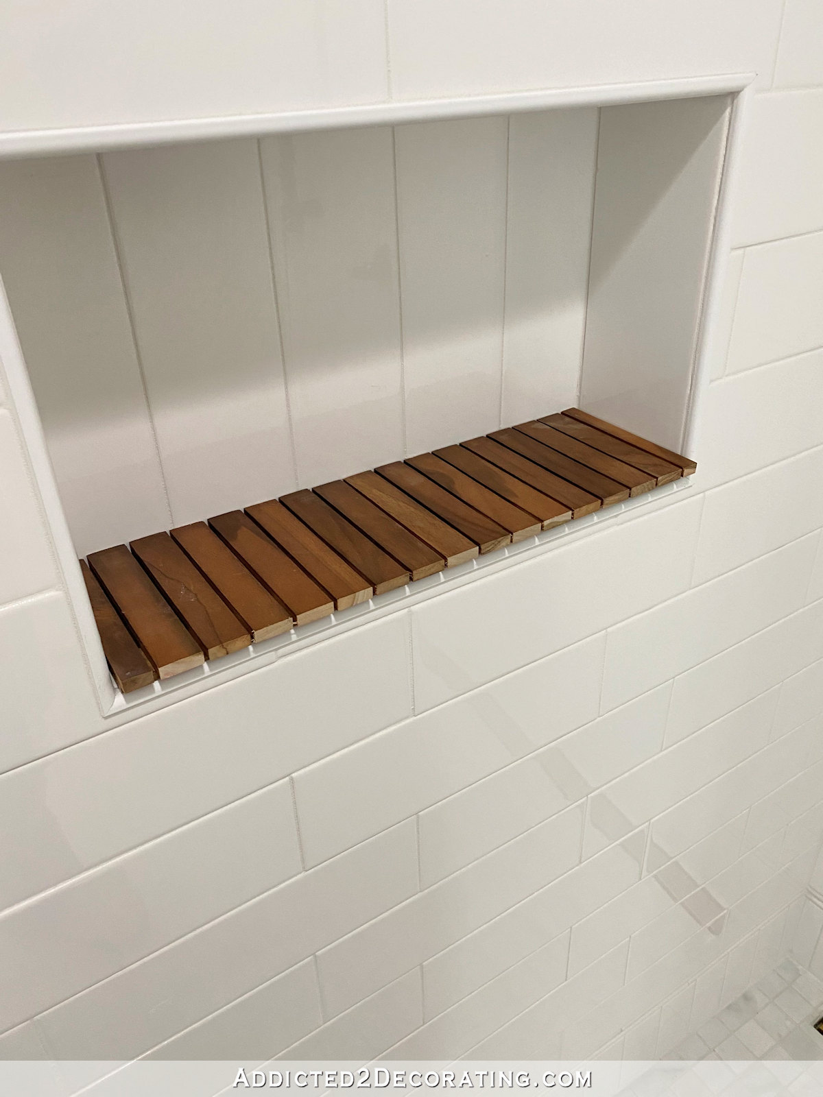 Simple DIY Removable Teak Shower Niche Shelf Addicted 2 Decorating®