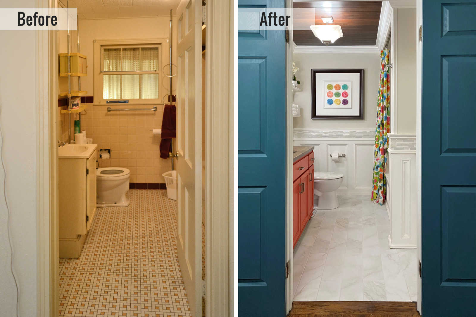 Bathroom remodel - before and after of a small but full hallway (guest) bathroom after a budget remodel