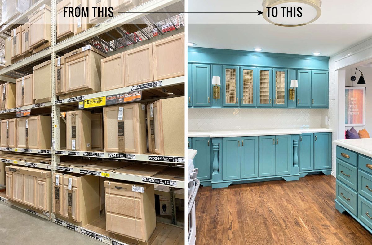 unfinished stock oak cabinets from Home Depot - before and after