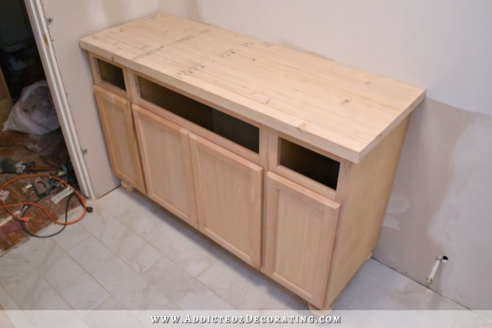 top view of DIY butcherblock countertop made from pine for bathroom vanity