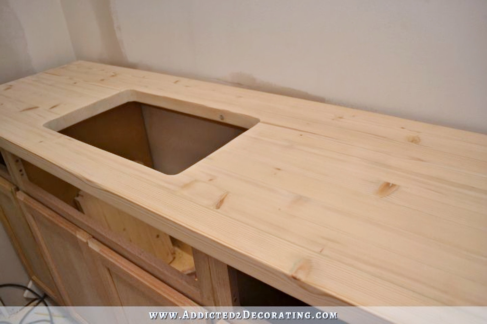 DIY butcherblock style countertop - after cracks filled with wood filler and sanded smooth