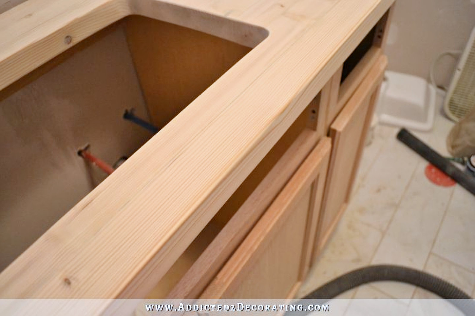 DIY butcherblock style countertop - close up view after wood filler and sanding