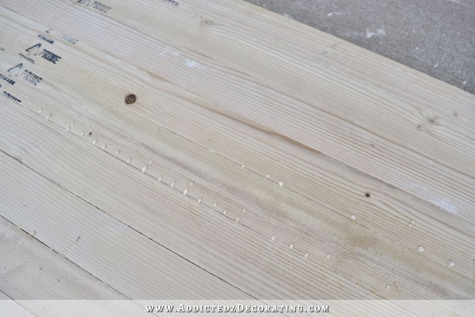 close up of top of DIY butcherblock countertop right after assembly