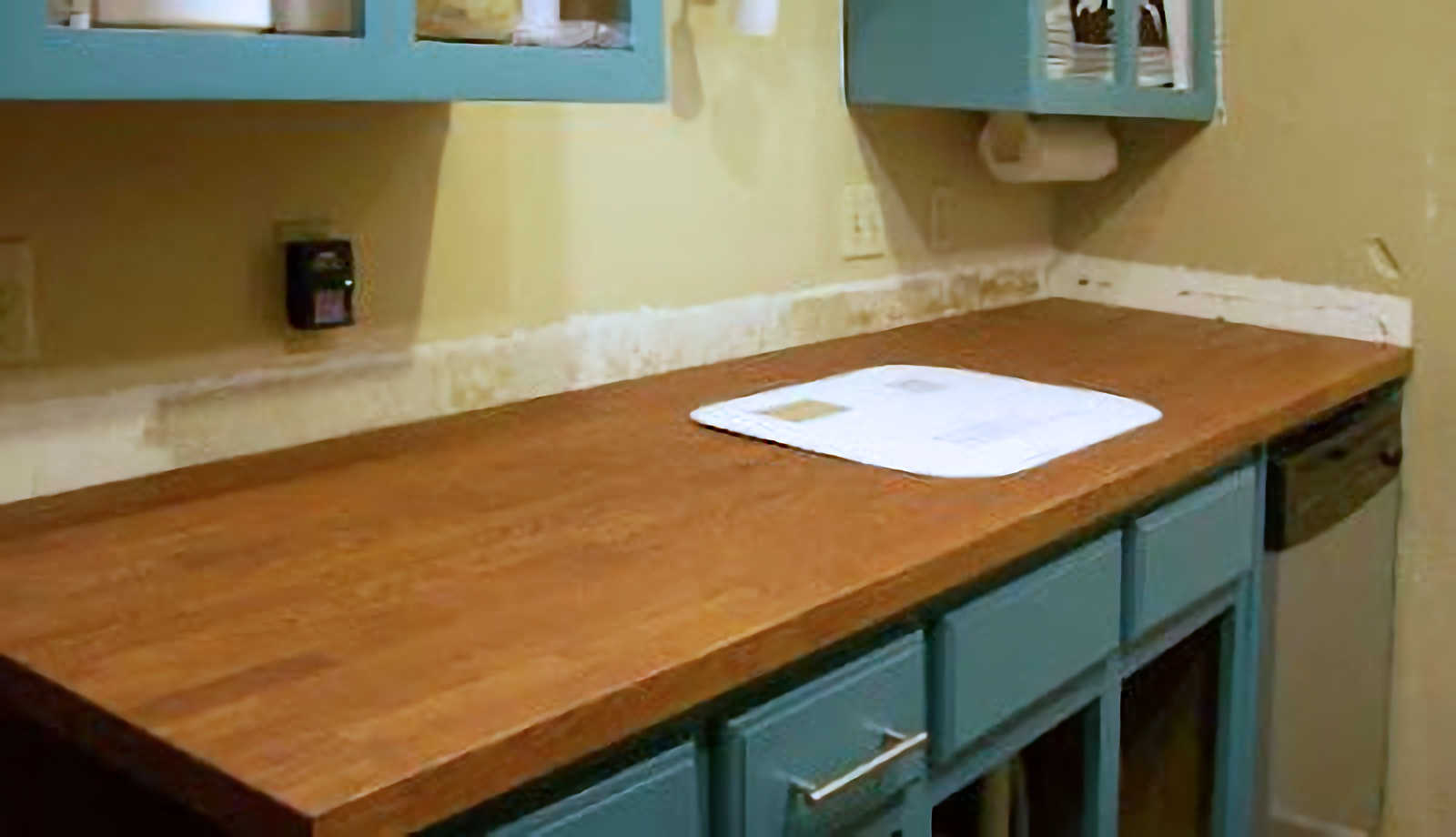 IKEA oak butcher block countertop with one coat of Minwax English Chestnut stain - before cutting hole for undermount sink