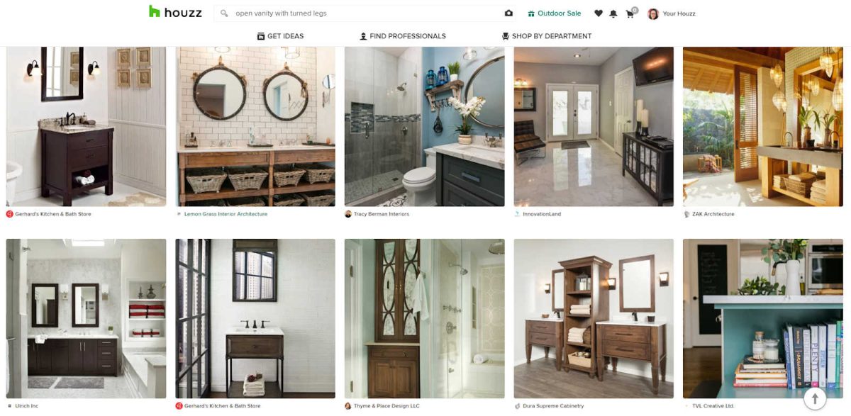 Houzz search results for "open vanity with turned legs"