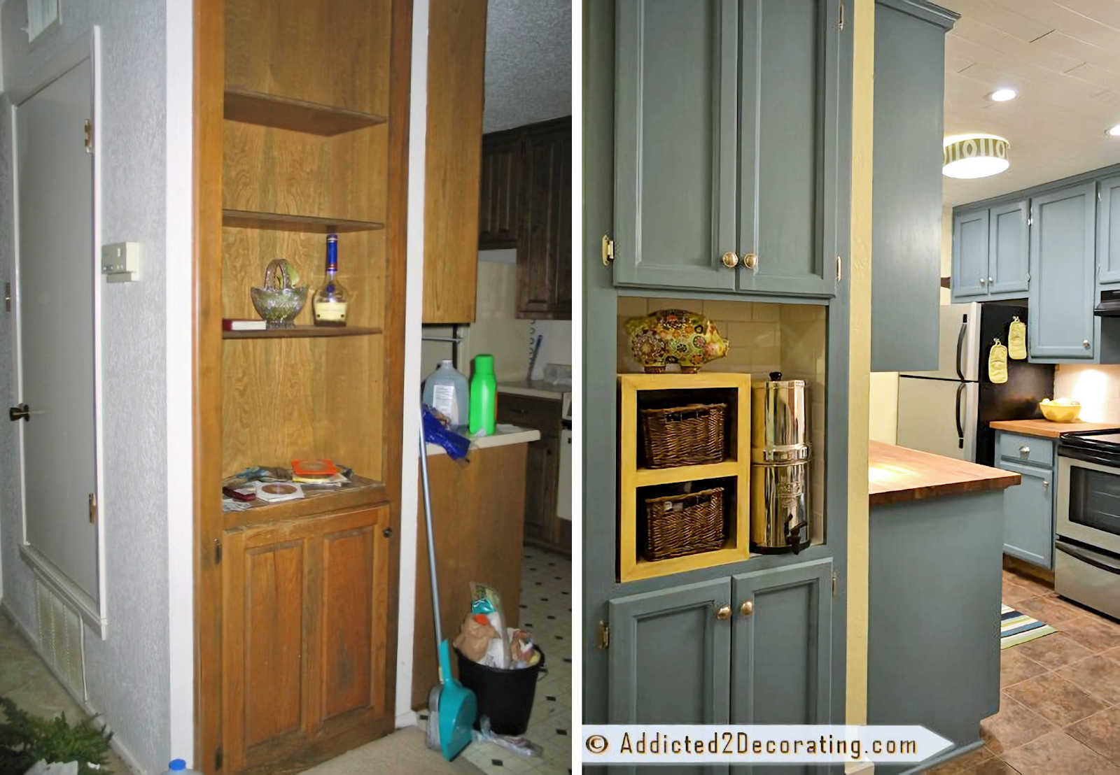 kitchen condo remodel - bookcase before and after - turned into a pantry