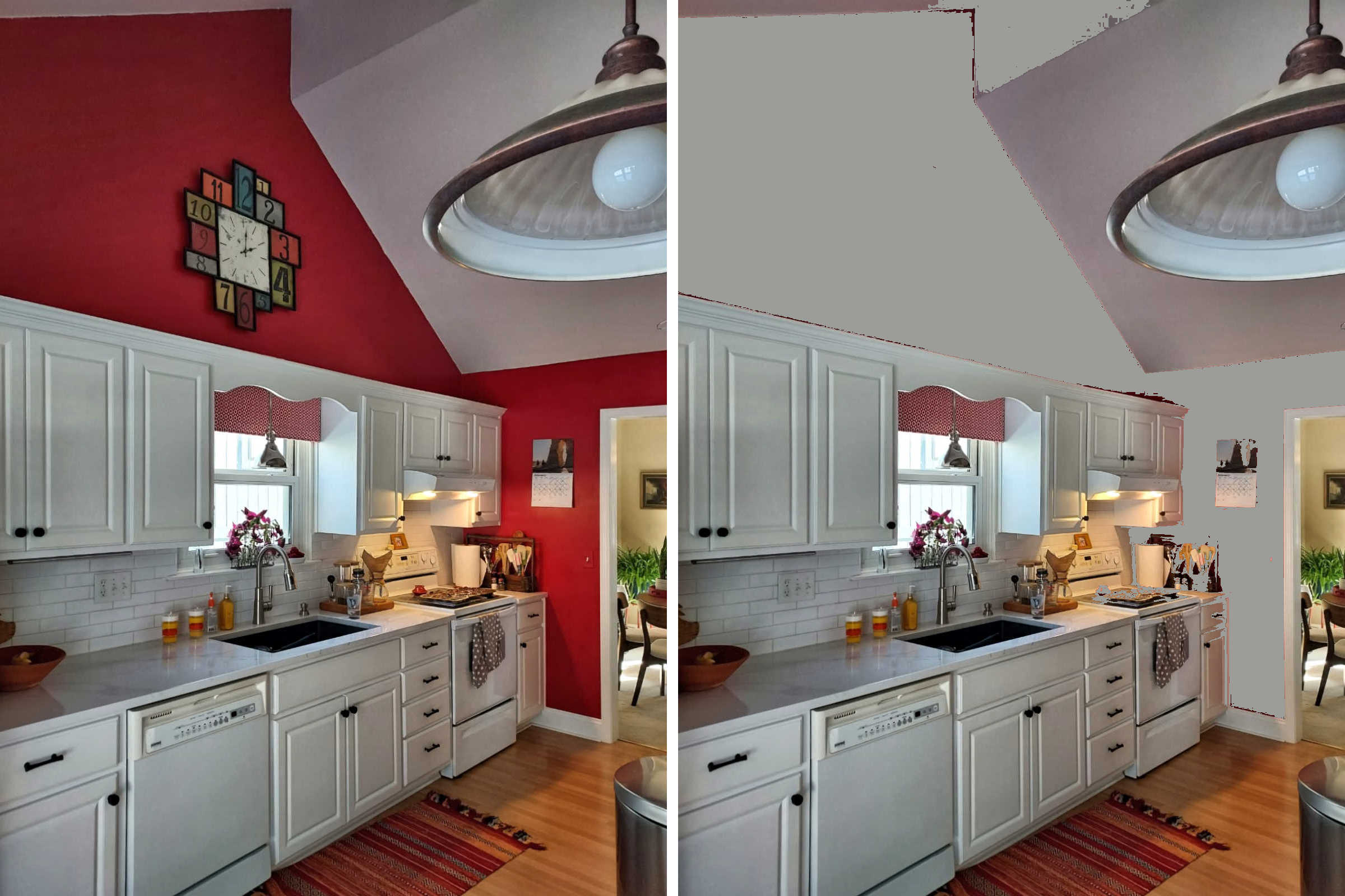 Suggestion: when decorating walls with vaulted ceilings, do not paint the walls a bold color. Paint a neutral color to draw the eye to the actual focal point, like kitchen cabinets