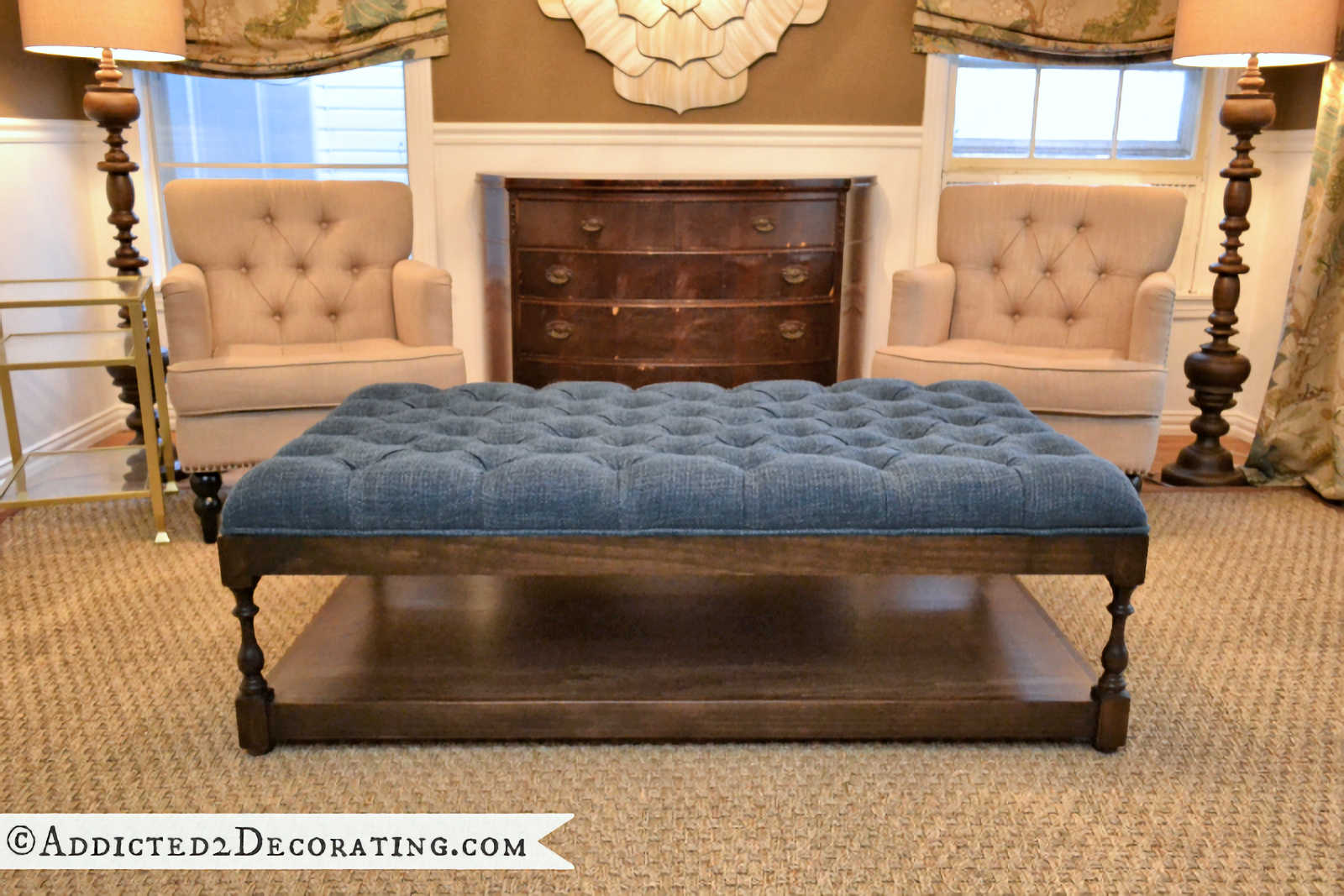 DIY ottoman coffee table with diamond-tufted upholstered top and lower shelf