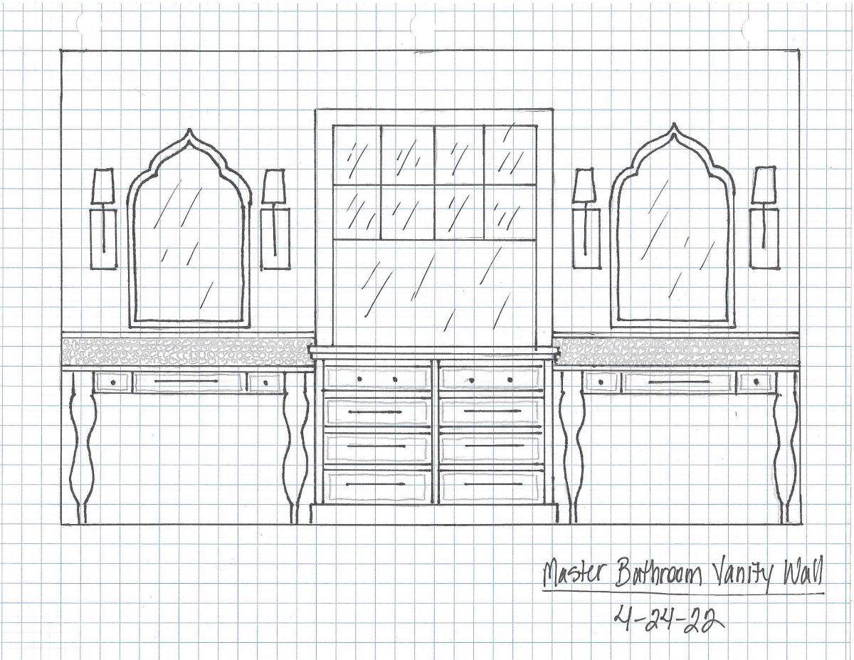 Drawing of vanities and storage cabinet for a master bathroom remodel