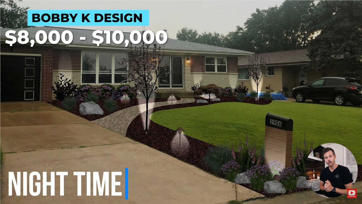 Landscape design inspiration -- Bobby K. Designs YouTube channel - suburban ranch style house with $8000 landscape design upgrade