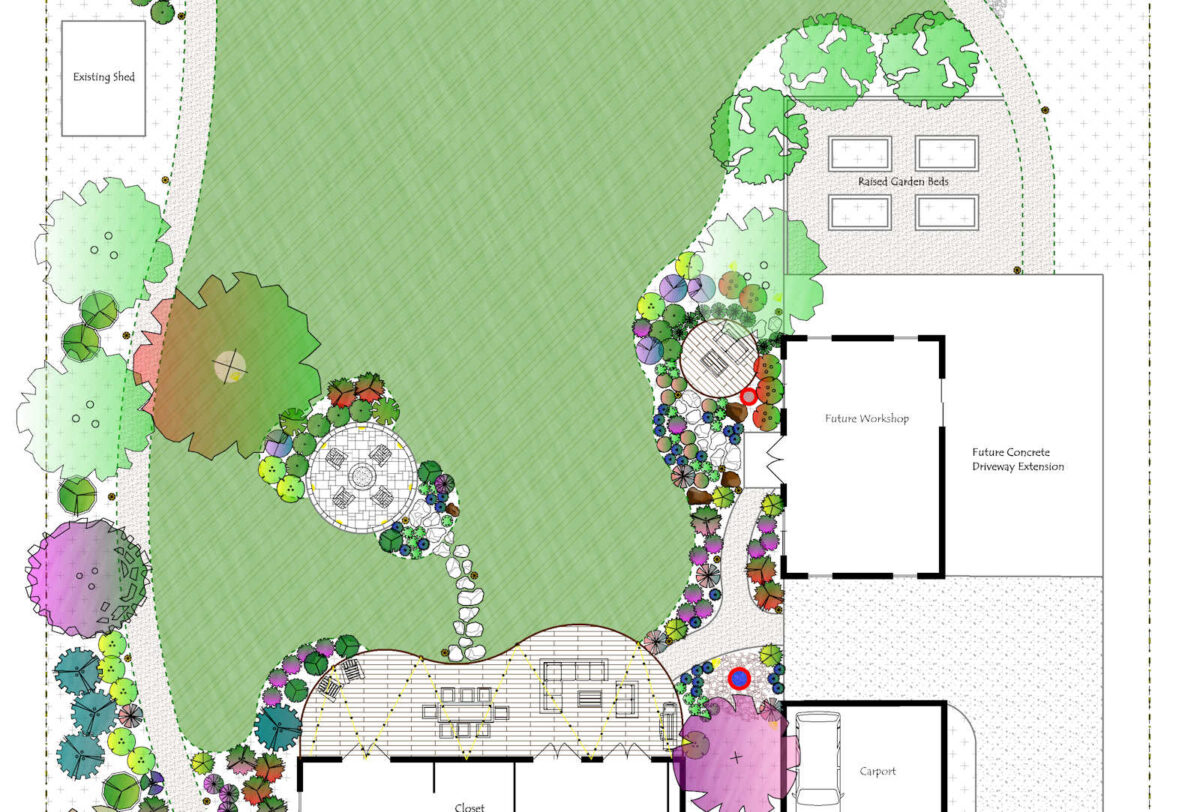 Our landscape design plan - back yard close to house - one acre lot - Zone 8