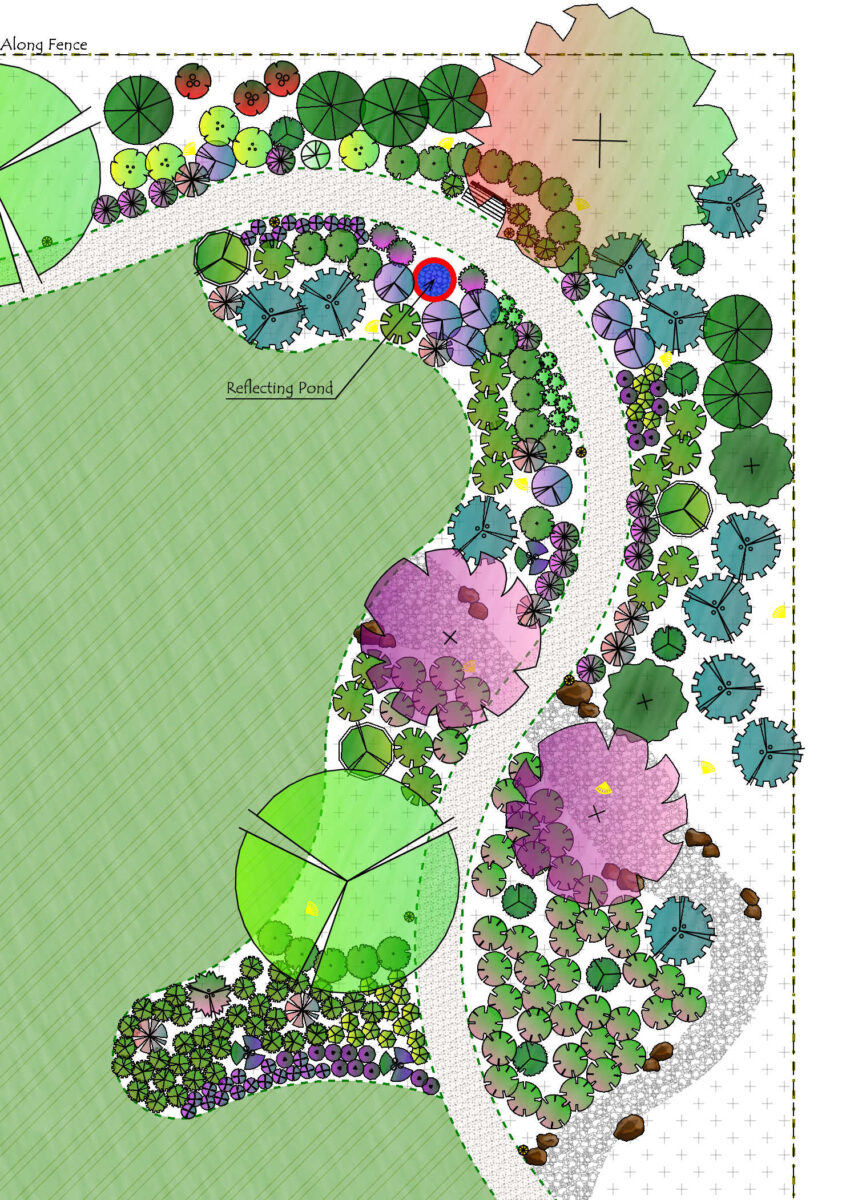 Back right corner details of our landscape design plan with sitting area, reflecting pond, and walking path, one acre lot, Zone 8