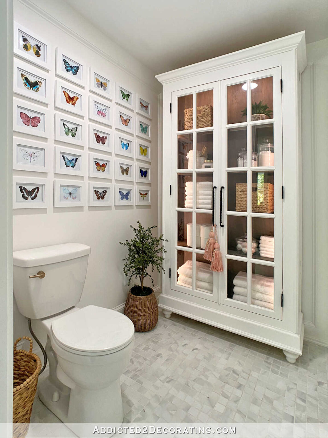 Water closet area of master bathroom with large storage cabinet with stained interior and LED lights, grid gallery wall with butterfly illustrations