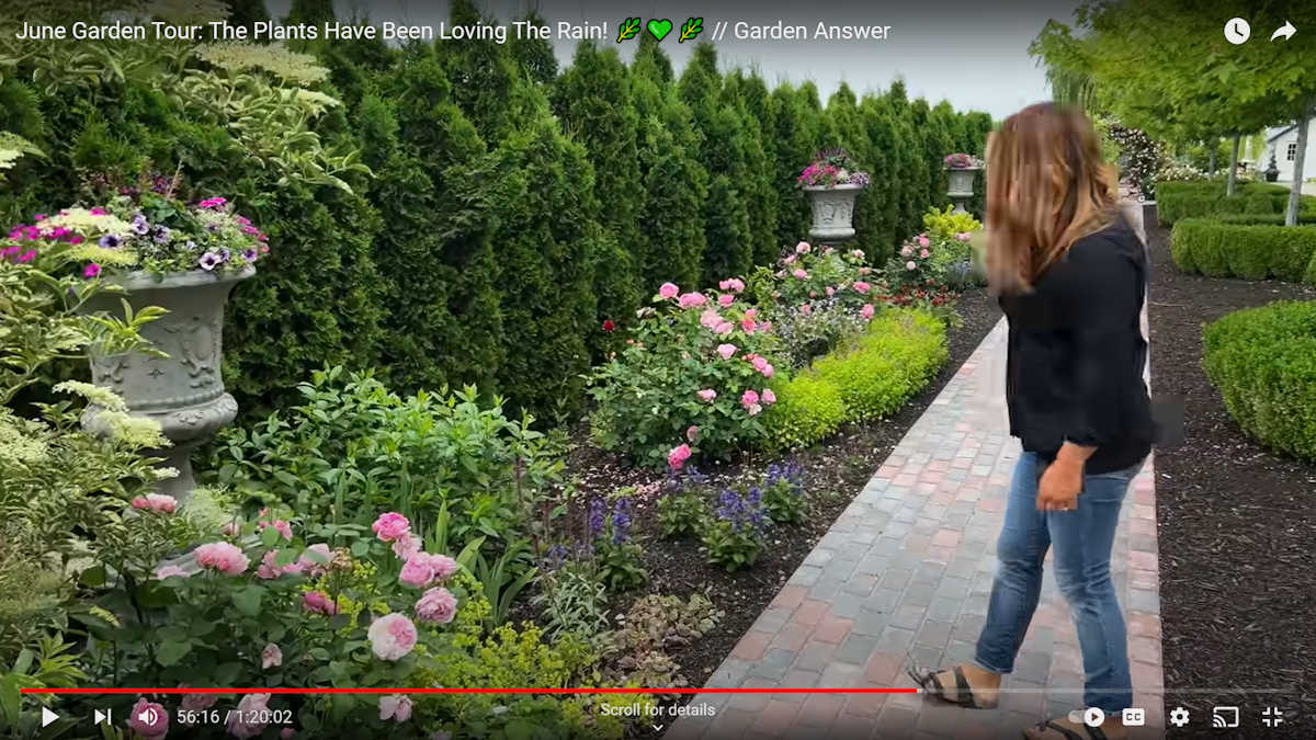 Landscape design inspiration -- Garden Answer YouTube channel - flower beds filled with hedges, colorful flowers, and large concrete planters