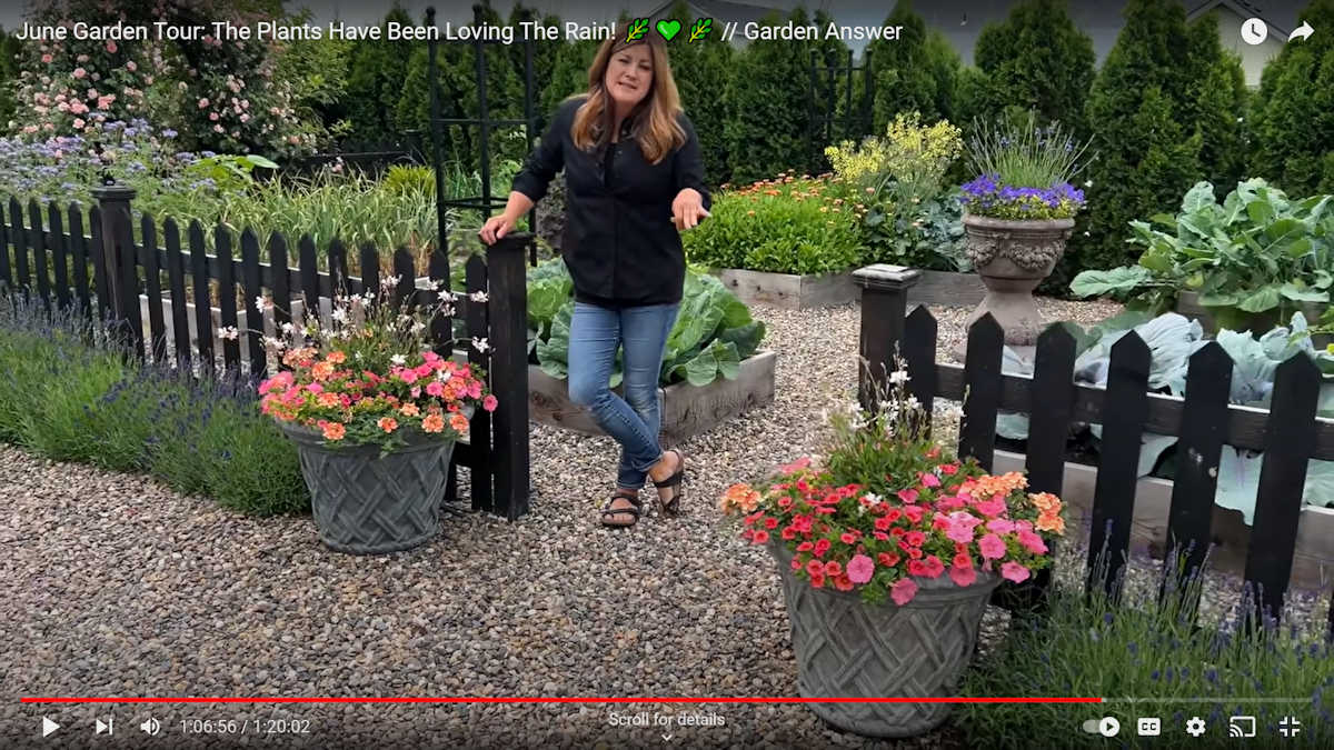Landscape design inspiration -- Garden Answer YouTube channel - vegetable garden beds surrounded by picket fence