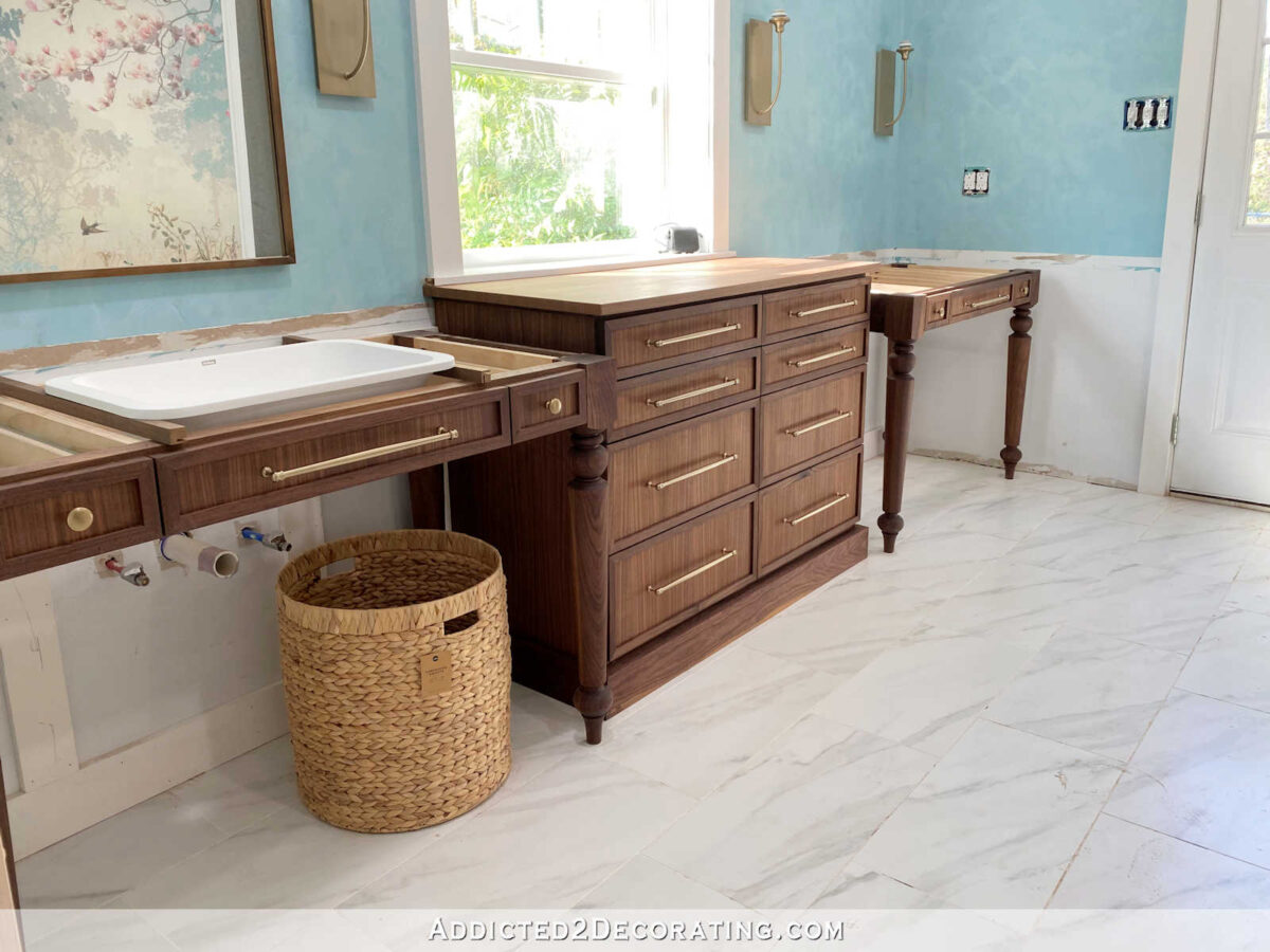 DIY table-style walnut vanities and DIY walnut eight-drawer dresser