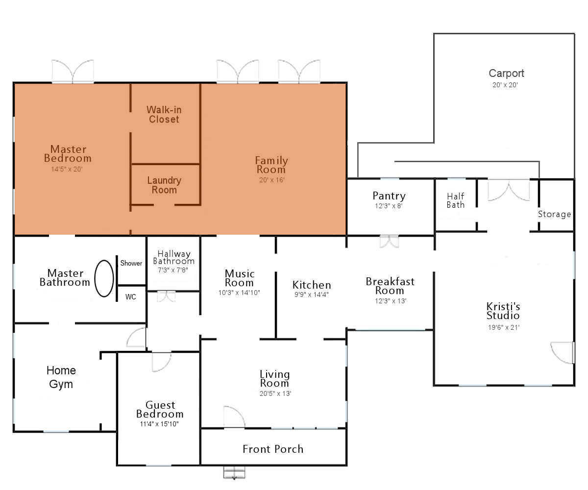 Floor plan showing plans for addition to include a new master bedroom with large walk-in closet, laundry room, and family room