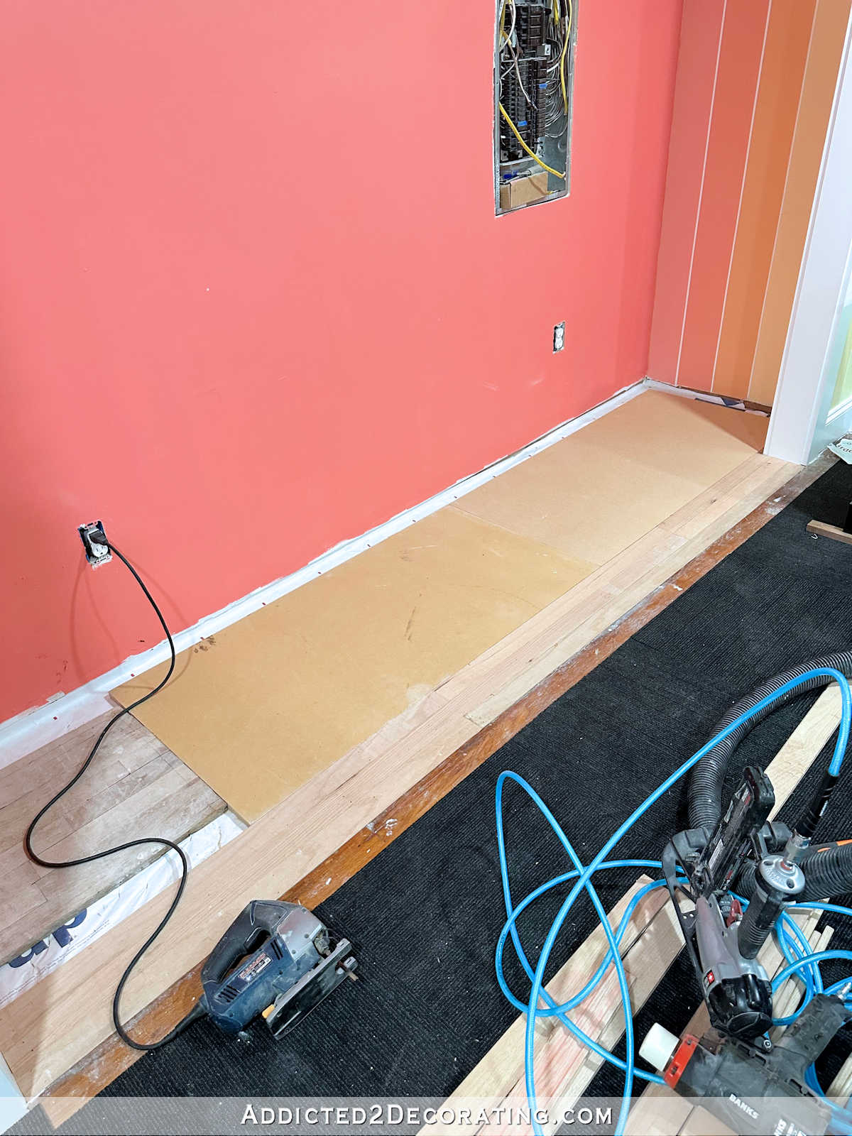Home gym floor progress -- prepping for FLOR carpet tile installation 
