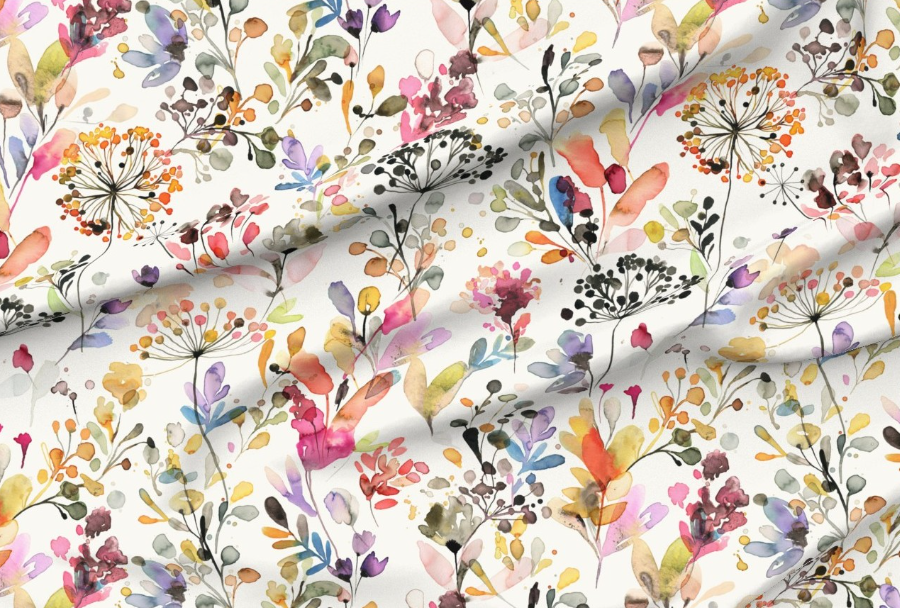 Watercolor floral fabric, colorful flowers on white background, Ninola Designs on Spoonflower