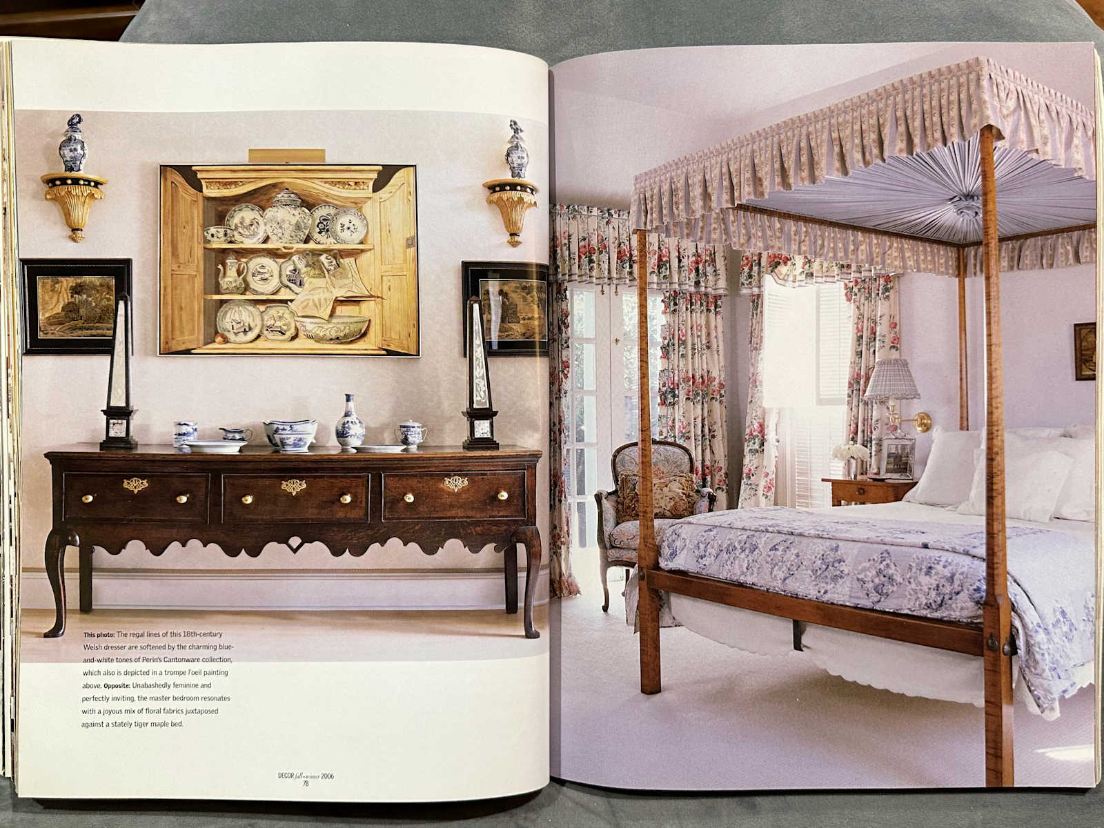 Traditional style bedroom with four poster bed with canopy, draperies with pleated valance, from 2006. 