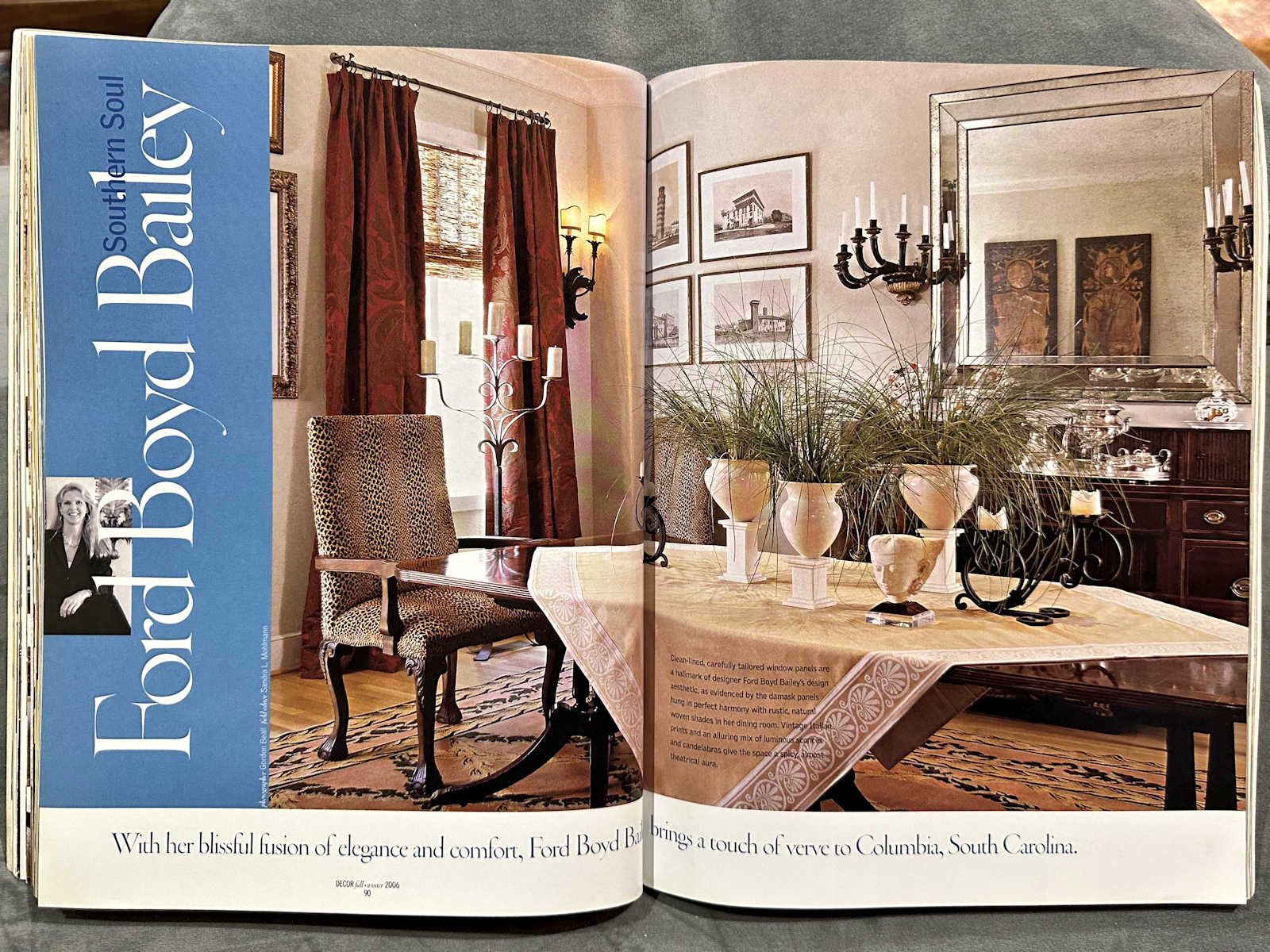 Dining room with heavy burgundy draperies, leopard print upholstered chairs, from 2006. Is there such a thing as timeless dining room design?